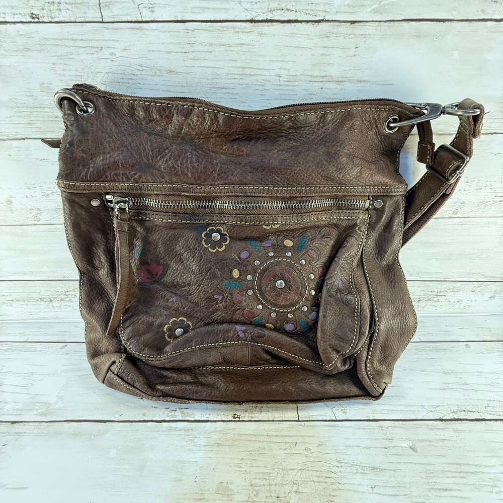 Fossil Brown Leather Crossbody Bag Floral Studded Boho Vintage